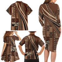 Pasifika Women's Day - Samoa Siapo Malu Tattoo Inspired Family Matching Long Sleeve Bodycon Dress and Hawaiian Shirt Brown LT7 - Polynesian Pride