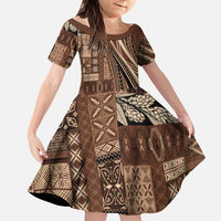 Pasifika Women's Day - Samoa Siapo Malu Tattoo Inspired Family Matching Mermaid Dress and Hawaiian Shirt Brown LT7 Daughter's Dress Brown - Polynesian Pride