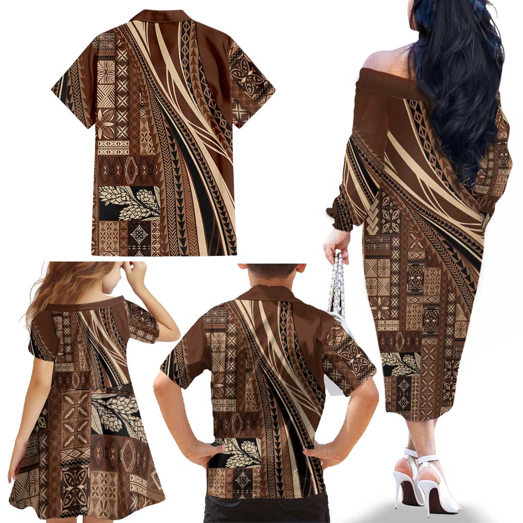 Pasifika Women's Day - Samoa Siapo Malu Tattoo Inspired Family Matching Off The Shoulder Long Sleeve Dress and Hawaiian Shirt Brown LT7 - Polynesian Pride