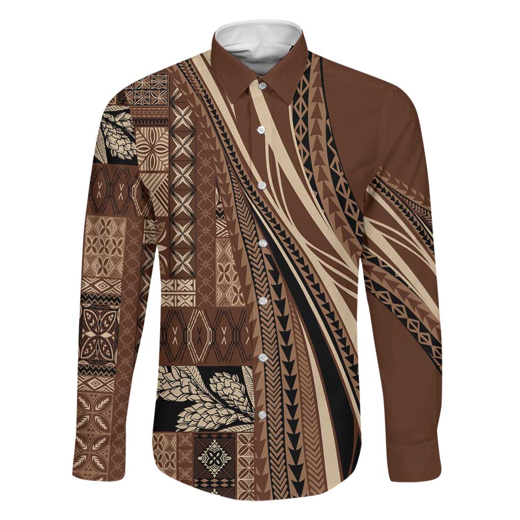 Pasifika Women's Day - Samoa Siapo Malu Tattoo Inspired Family Matching Off The Shoulder Long Sleeve Dress and Hawaiian Shirt Brown LT7 Dad's Shirt - Long Sleeve Brown - Polynesian Pride