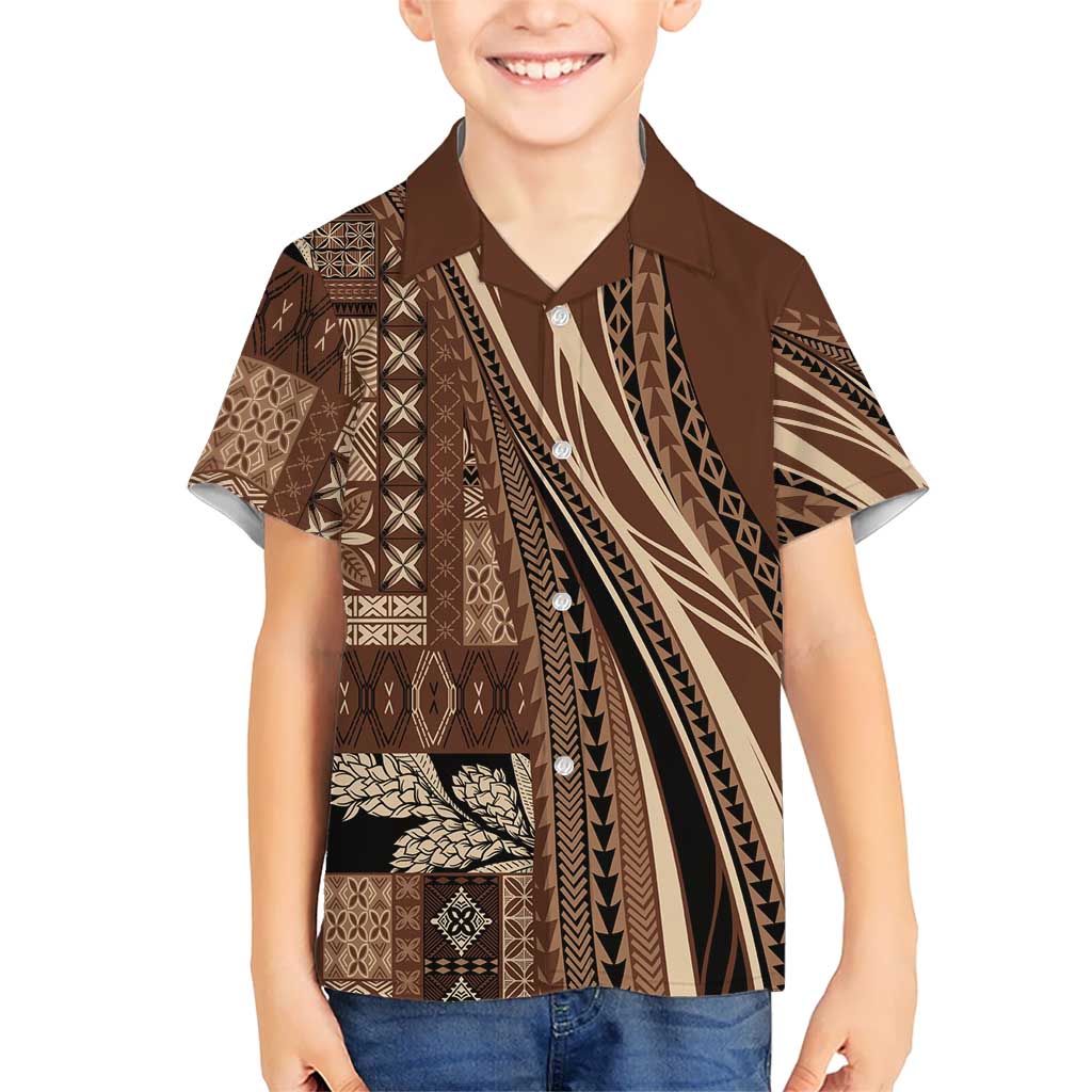 Pasifika Women's Day - Samoa Siapo Malu Tattoo Inspired Family Matching Off The Shoulder Long Sleeve Dress and Hawaiian Shirt Brown LT7 Son's Shirt Brown - Polynesian Pride