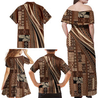 Pasifika Women's Day - Samoa Siapo Malu Tattoo Inspired Family Matching Off Shoulder Maxi Dress and Hawaiian Shirt Brown LT7 - Polynesian Pride