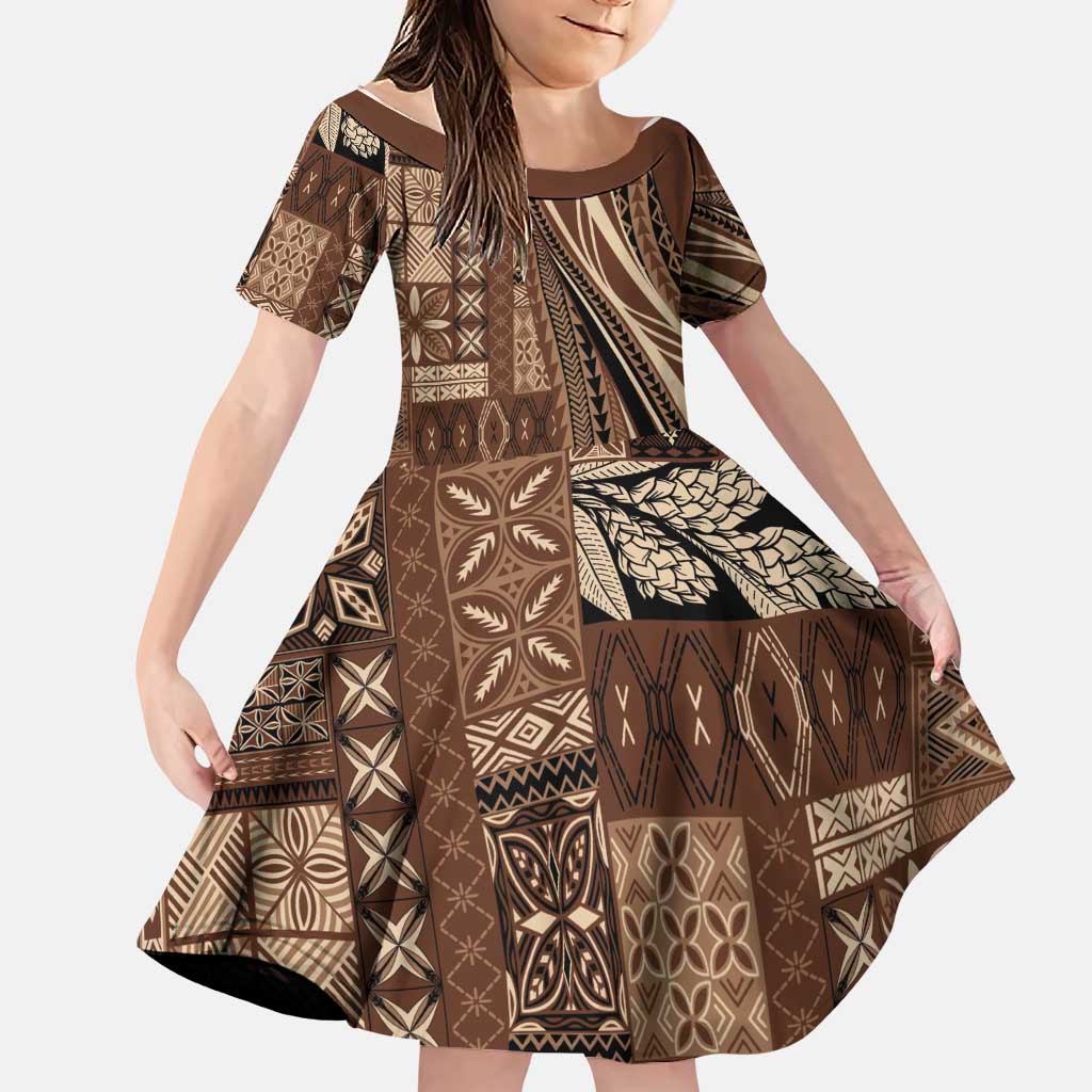 Pasifika Women's Day - Samoa Siapo Malu Tattoo Inspired Family Matching Short Sleeve Bodycon Dress and Hawaiian Shirt Brown LT7 Daughter's Dress Brown - Polynesian Pride