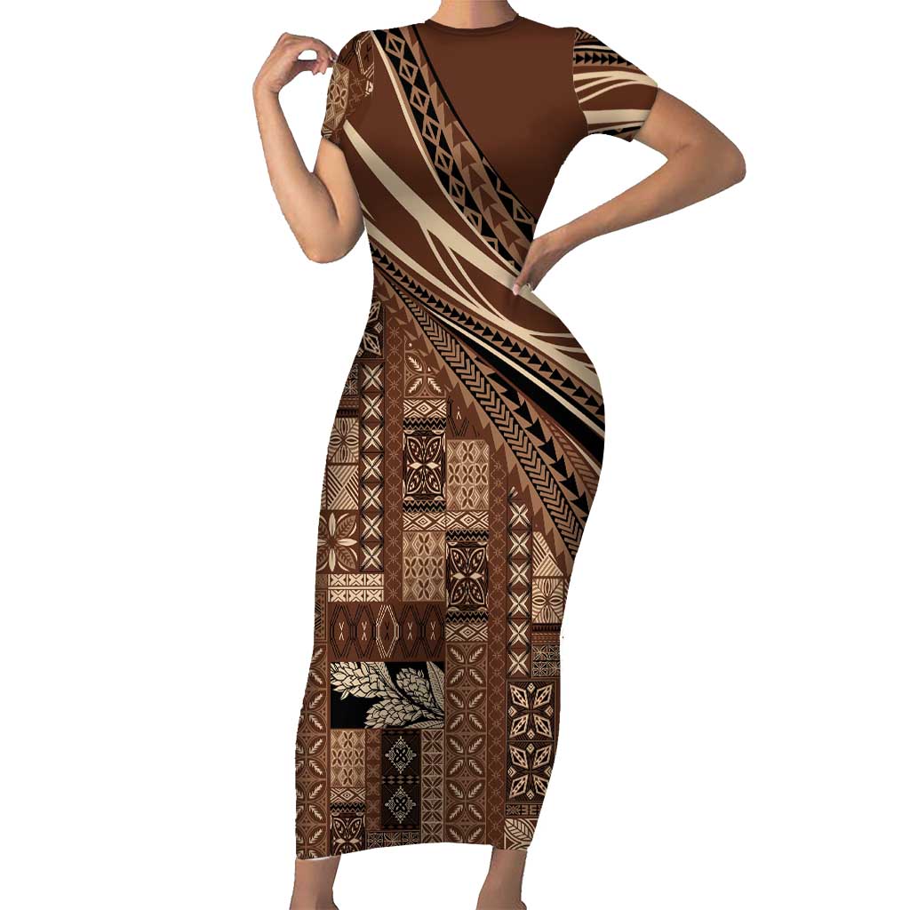 Pasifika Women's Day - Samoa Siapo Malu Tattoo Inspired Family Matching Short Sleeve Bodycon Dress and Hawaiian Shirt Brown LT7 Mom's Dress Brown - Polynesian Pride