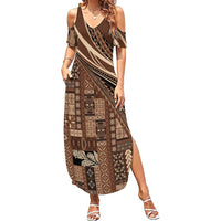 Pasifika Women's Day - Samoa Siapo Malu Tattoo Inspired Family Matching Summer Maxi Dress and Hawaiian Shirt Brown LT7 Mom's Dress Brown - Polynesian Pride