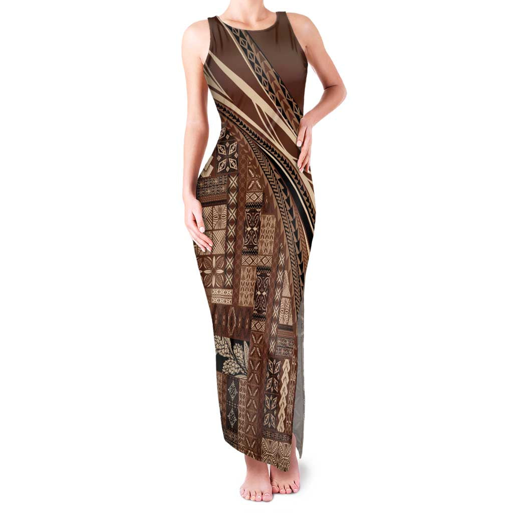 Pasifika Women's Day - Samoa Siapo Malu Tattoo Inspired Family Matching Tank Maxi Dress and Hawaiian Shirt Brown LT7 Mom's Dress Brown - Polynesian Pride