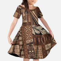 Pasifika Women's Day - Samoa Siapo Malu Tattoo Inspired Kid Short Sleeve Dress Brown