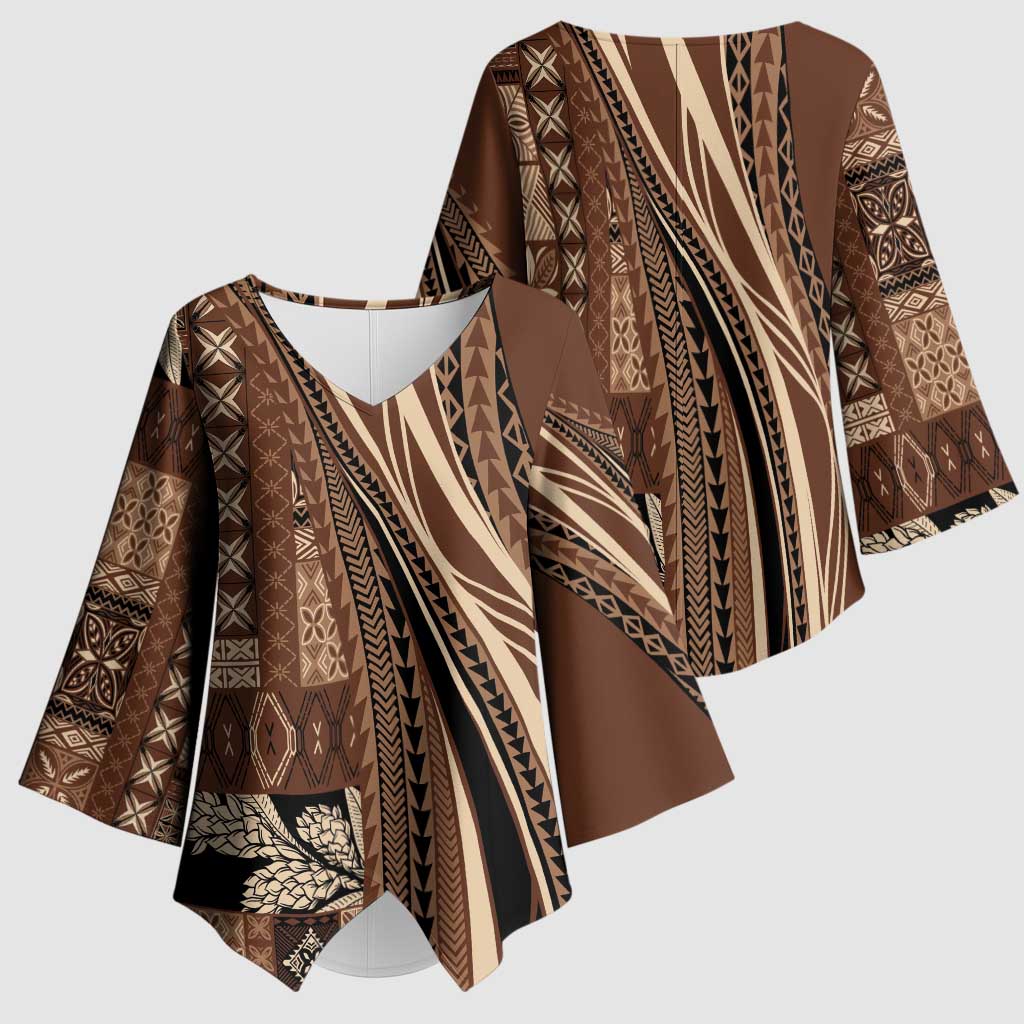 Pasifika Women's Day - Samoa Siapo Malu Tattoo Inspired Kimono Sleeve Blouse Brown