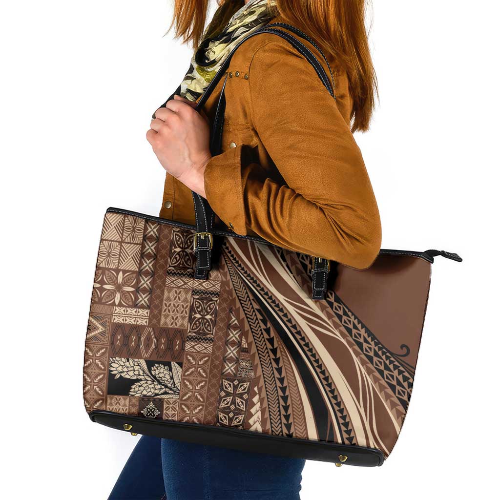 Pasifika Women's Day - Samoa Siapo Malu Tattoo Inspired Leather Tote Bag Brown