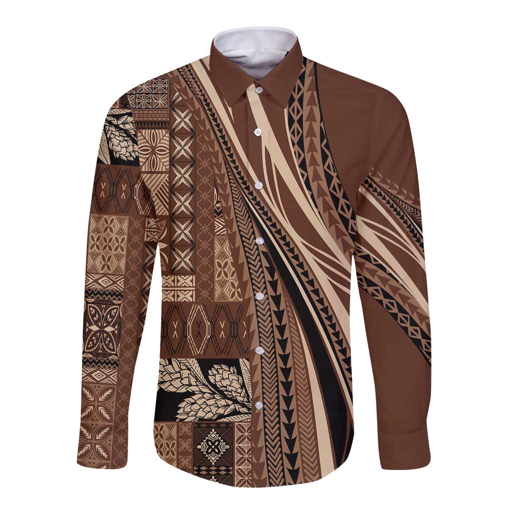 Pasifika Women's Day - Samoa Siapo Malu Tattoo Inspired Long Sleeve Button Shirt Brown