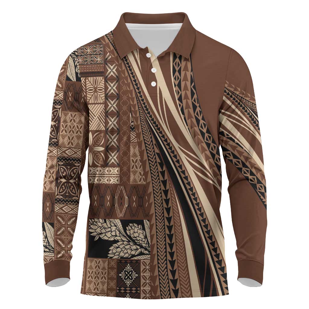 Pasifika Women's Day - Samoa Siapo Malu Tattoo Inspired Long Sleeve Polo Shirt Brown