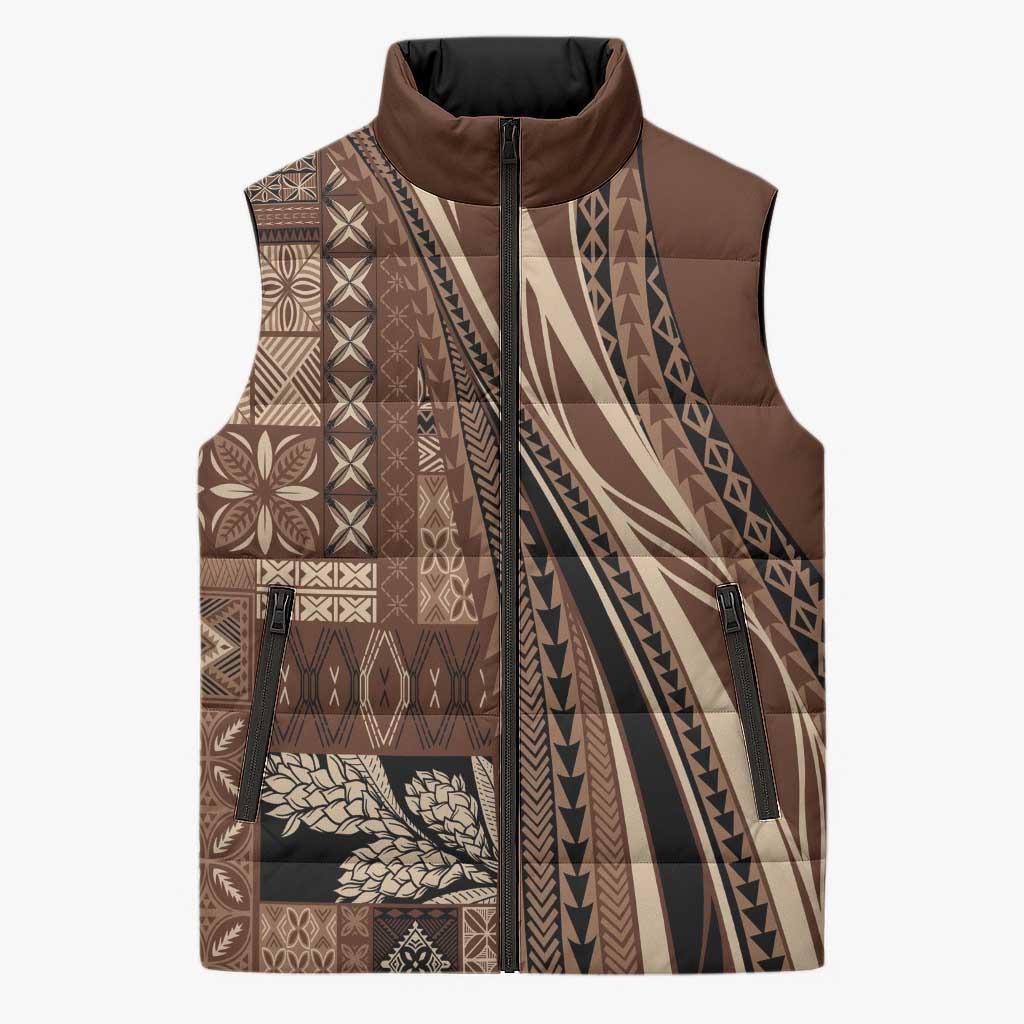Pasifika Women's Day - Samoa Siapo Malu Tattoo Inspired Sleeveless Puffer Jacket Brown LT7 Unisex Brown - Polynesian Pride