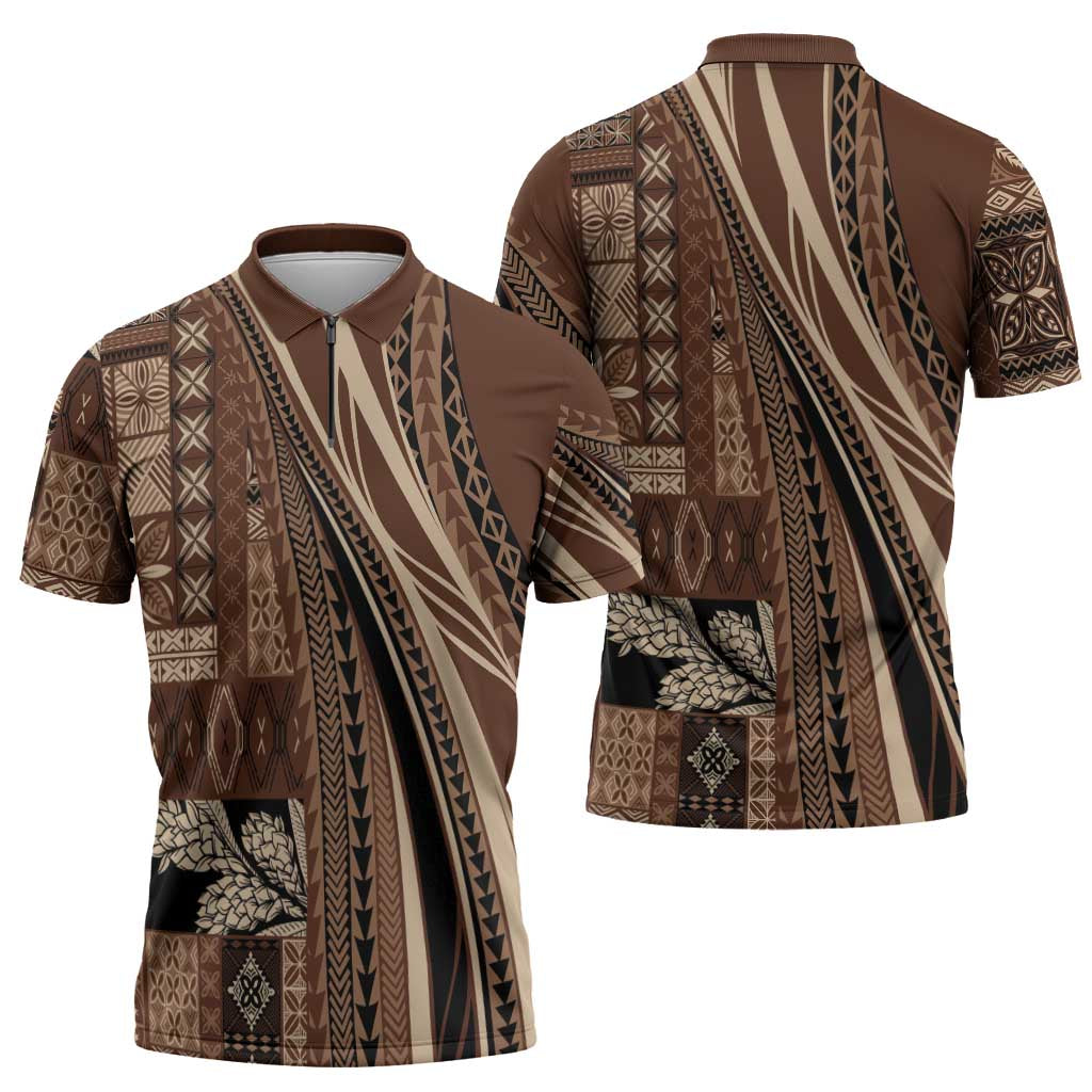 Pasifika Women's Day - Samoa Siapo Malu Tattoo Inspired Zipper Polo Shirt Brown