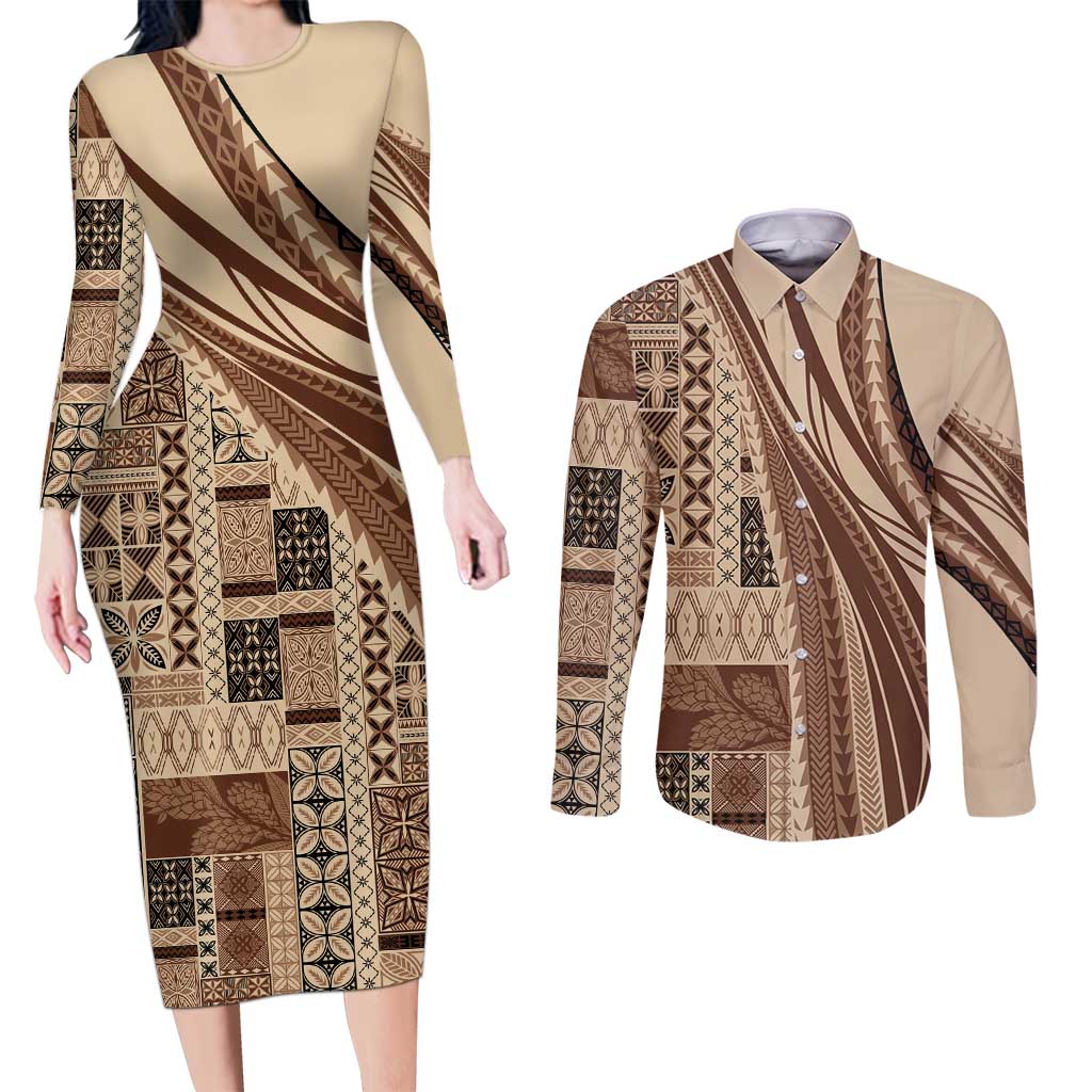 Pasifika Women's Day - Samoa Siapo Malu Tattoo Inspired Couples Matching Long Sleeve Bodycon Dress and Long Sleeve Button Shirt Beige LT7 Beige - Polynesian Pride