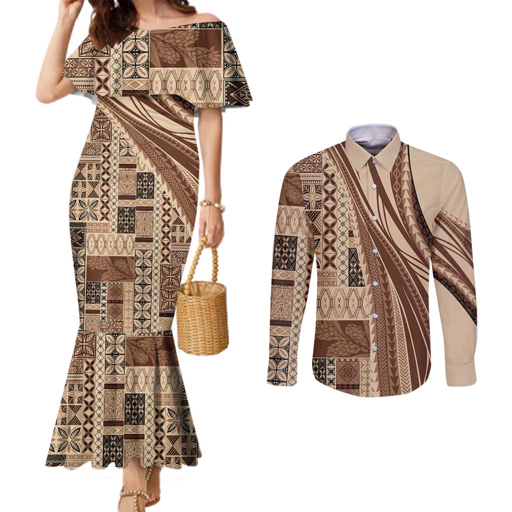 Pasifika Women's Day - Samoa Siapo Malu Tattoo Inspired Couples Matching Mermaid Dress and Long Sleeve Button Shirt Beige LT7 Beige - Polynesian Pride