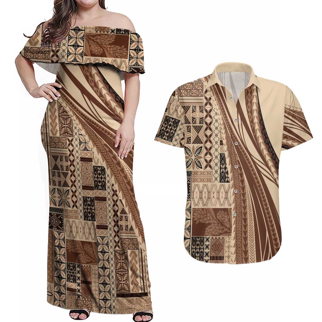 Pasifika Women's Day - Samoa Siapo Malu Tattoo Inspired Couples Matching Off Shoulder Maxi Dress and Hawaiian Shirt Beige LT7 Beige - Polynesian Pride