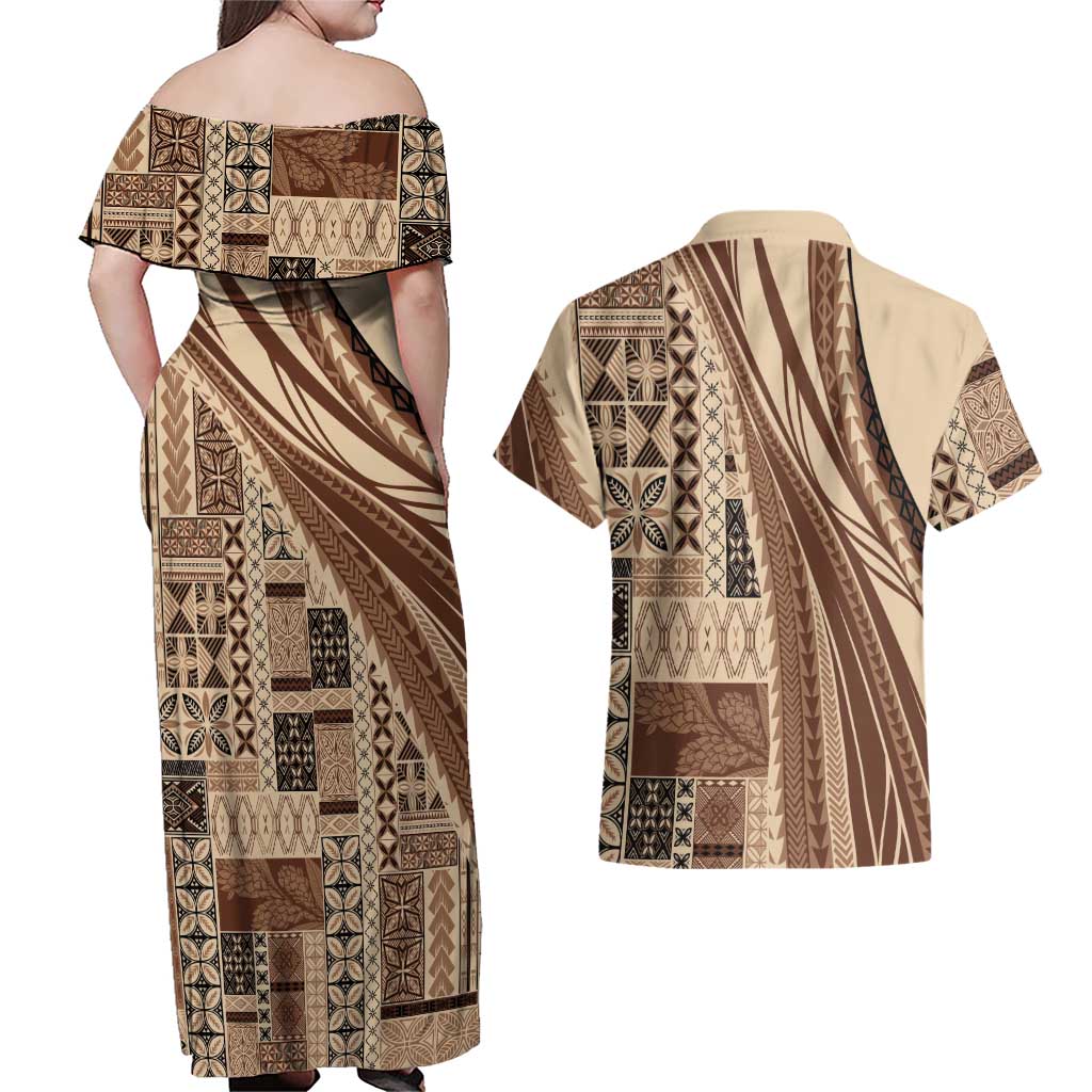 Pasifika Women's Day - Samoa Siapo Malu Tattoo Inspired Couples Matching Off Shoulder Maxi Dress and Hawaiian Shirt Beige LT7 - Polynesian Pride