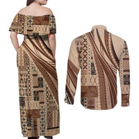 Pasifika Women's Day - Samoa Siapo Malu Tattoo Inspired Couples Matching Off Shoulder Maxi Dress and Long Sleeve Button Shirt Beige