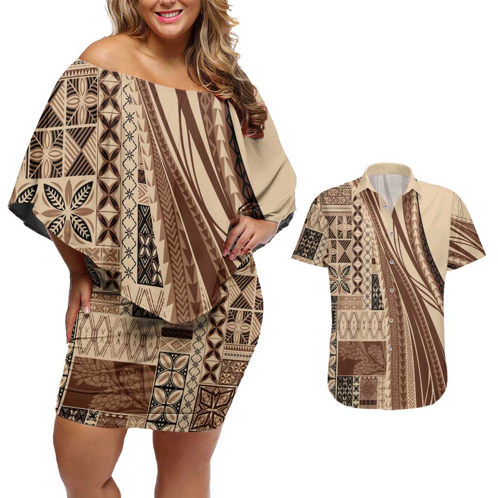 Pasifika Women's Day - Samoa Siapo Malu Tattoo Inspired Couples Matching Off Shoulder Short Dress and Hawaiian Shirt Beige LT7 Beige - Polynesian Pride