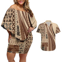 Pasifika Women's Day - Samoa Siapo Malu Tattoo Inspired Couples Matching Off Shoulder Short Dress and Hawaiian Shirt Beige LT7 Beige - Polynesian Pride