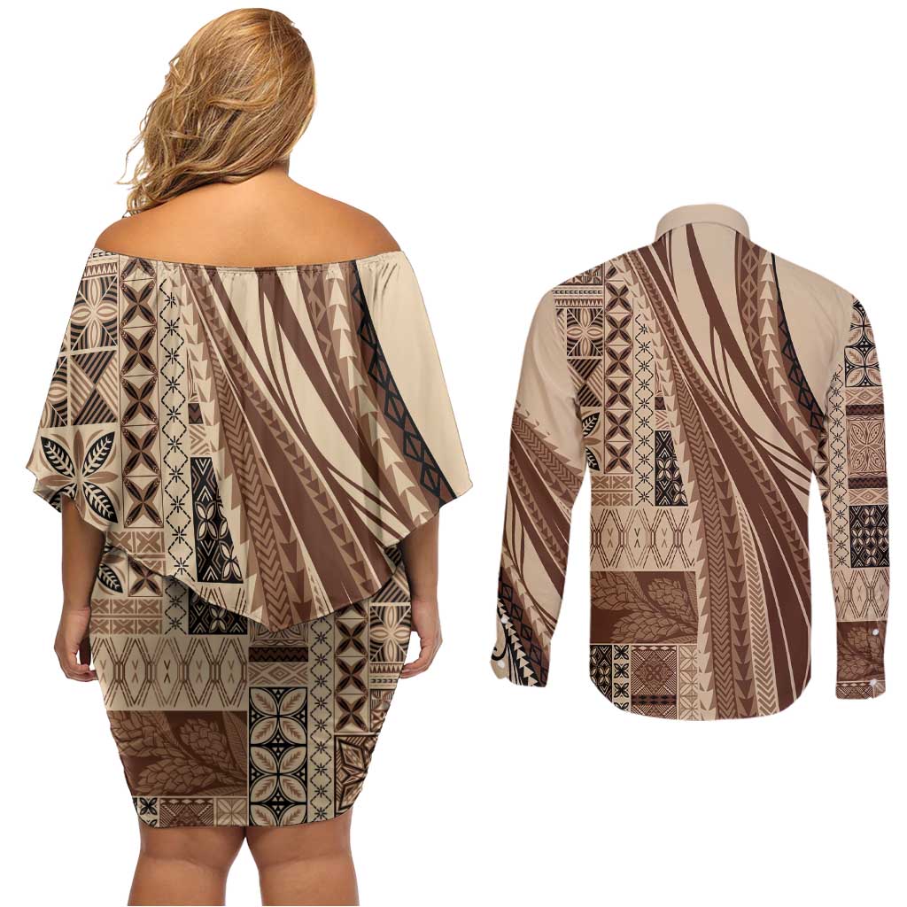 Pasifika Women's Day - Samoa Siapo Malu Tattoo Inspired Couples Matching Off Shoulder Short Dress and Long Sleeve Button Shirt Beige LT7 - Polynesian Pride