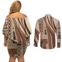 Pasifika Women's Day - Samoa Siapo Malu Tattoo Inspired Couples Matching Off Shoulder Short Dress and Long Sleeve Button Shirt Beige LT7 - Polynesian Pride