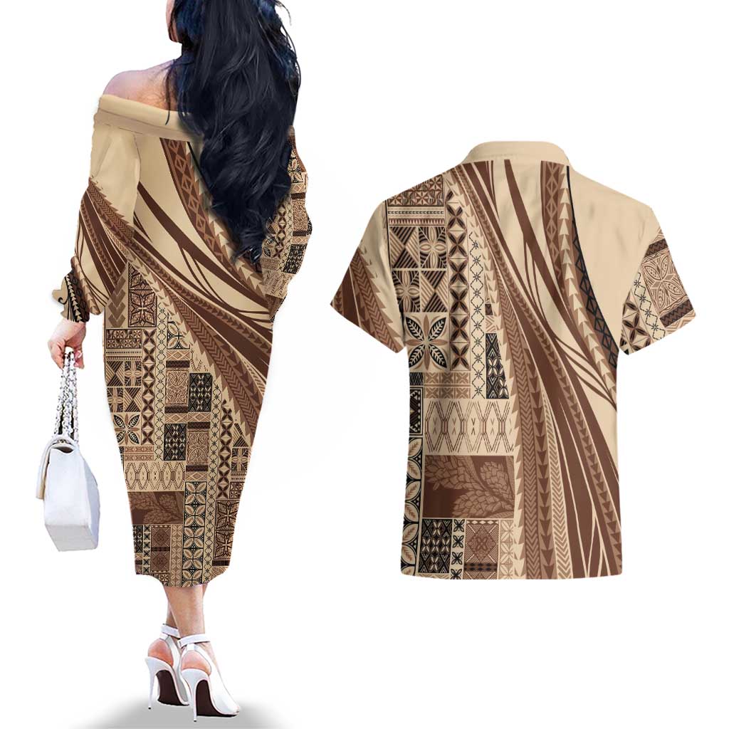 Pasifika Women's Day - Samoa Siapo Malu Tattoo Inspired Couples Matching Off The Shoulder Long Sleeve Dress and Hawaiian Shirt Beige LT7 - Polynesian Pride