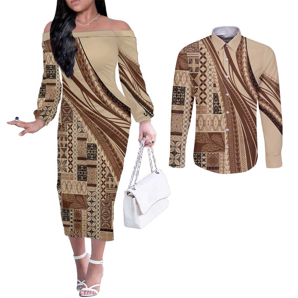 Pasifika Women's Day - Samoa Siapo Malu Tattoo Inspired Couples Matching Off The Shoulder Long Sleeve Dress and Long Sleeve Button Shirt Beige LT7 Beige - Polynesian Pride