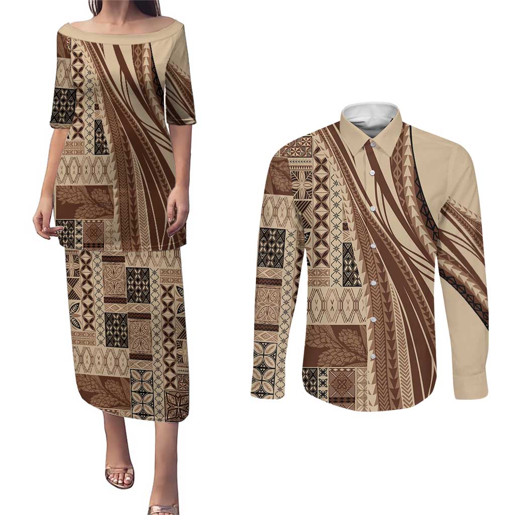 Pasifika Women's Day - Samoa Siapo Malu Tattoo Inspired Couples Matching Puletasi and Long Sleeve Button Shirt Beige LT7 Beige - Polynesian Pride