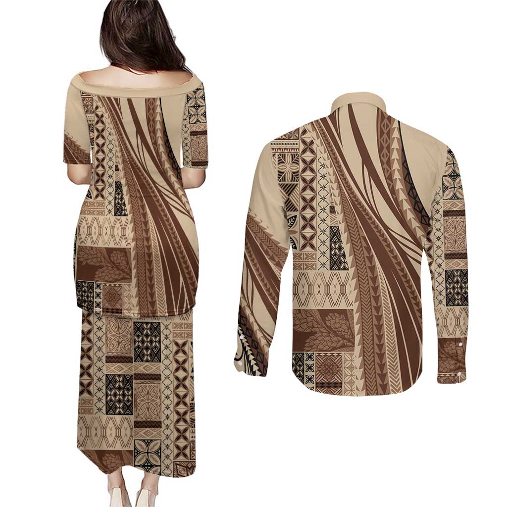 Pasifika Women's Day - Samoa Siapo Malu Tattoo Inspired Couples Matching Puletasi and Long Sleeve Button Shirt Beige LT7 - Polynesian Pride