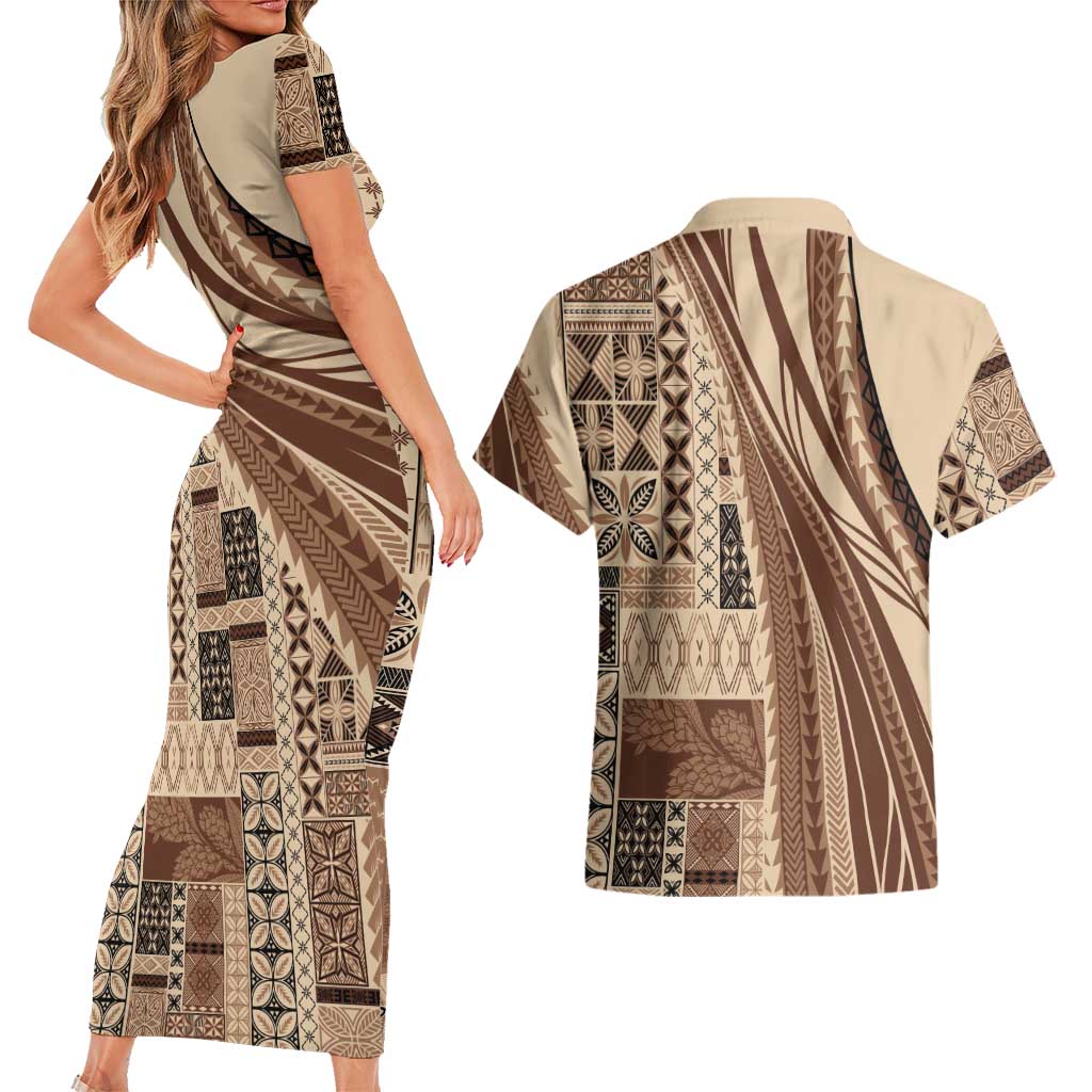 Pasifika Women's Day - Samoa Siapo Malu Tattoo Inspired Couples Matching Short Sleeve Bodycon Dress and Hawaiian Shirt Beige LT7 - Polynesian Pride