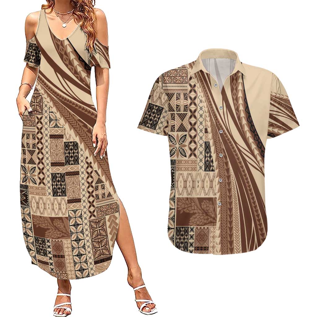 Pasifika Women's Day - Samoa Siapo Malu Tattoo Inspired Couples Matching Summer Maxi Dress and Hawaiian Shirt Beige LT7 Beige - Polynesian Pride