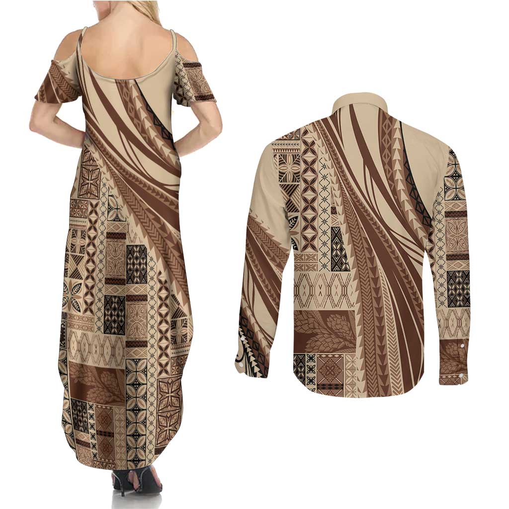 Pasifika Women's Day - Samoa Siapo Malu Tattoo Inspired Couples Matching Summer Maxi Dress and Long Sleeve Button Shirt Beige