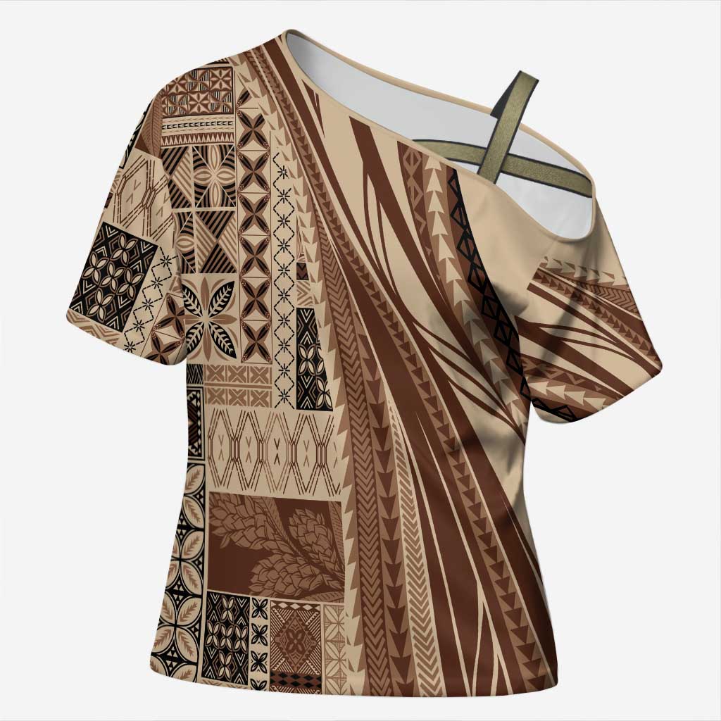 Pasifika Women's Day - Samoa Siapo Malu Tattoo Inspired Cross Shoulder Shirt Beige LT7 Female Beige - Polynesian Pride