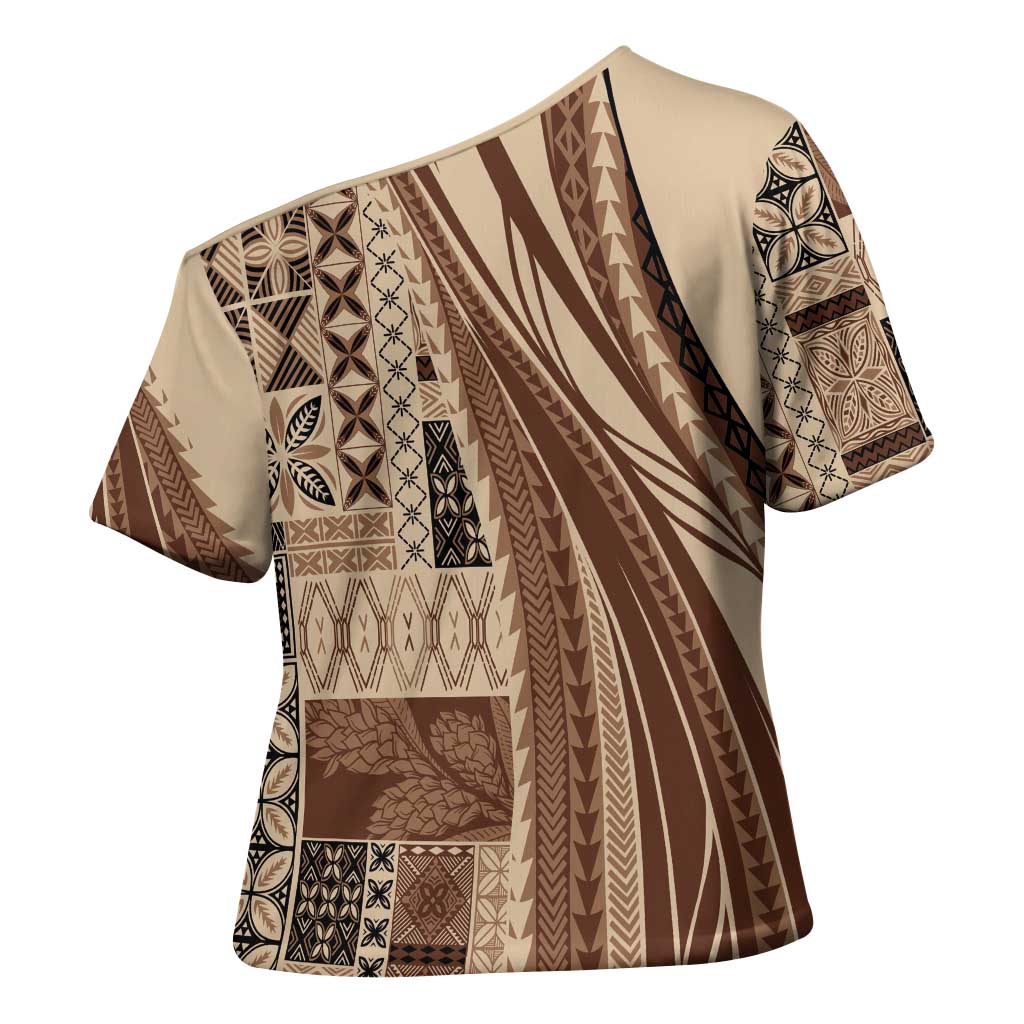 Pasifika Women's Day - Samoa Siapo Malu Tattoo Inspired Cross Shoulder Shirt Beige LT7 - Polynesian Pride