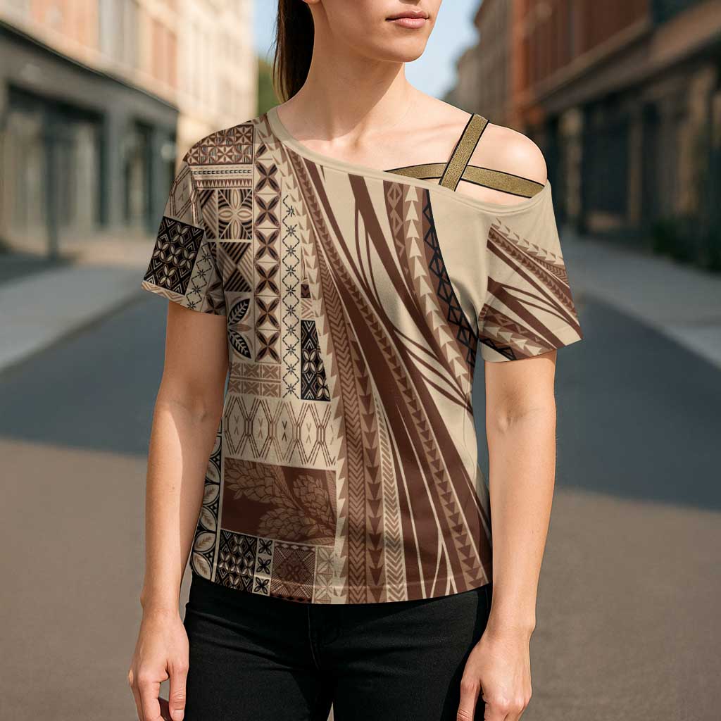 Pasifika Women's Day - Samoa Siapo Malu Tattoo Inspired Cross Shoulder Shirt Beige LT7 - Polynesian Pride
