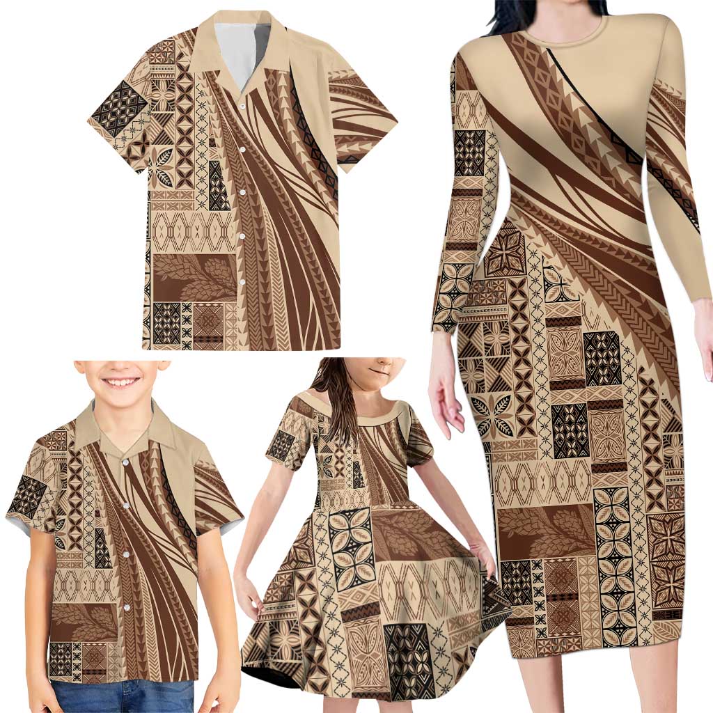 Pasifika Women's Day - Samoa Siapo Malu Tattoo Inspired Family Matching Long Sleeve Bodycon Dress and Hawaiian Shirt Beige