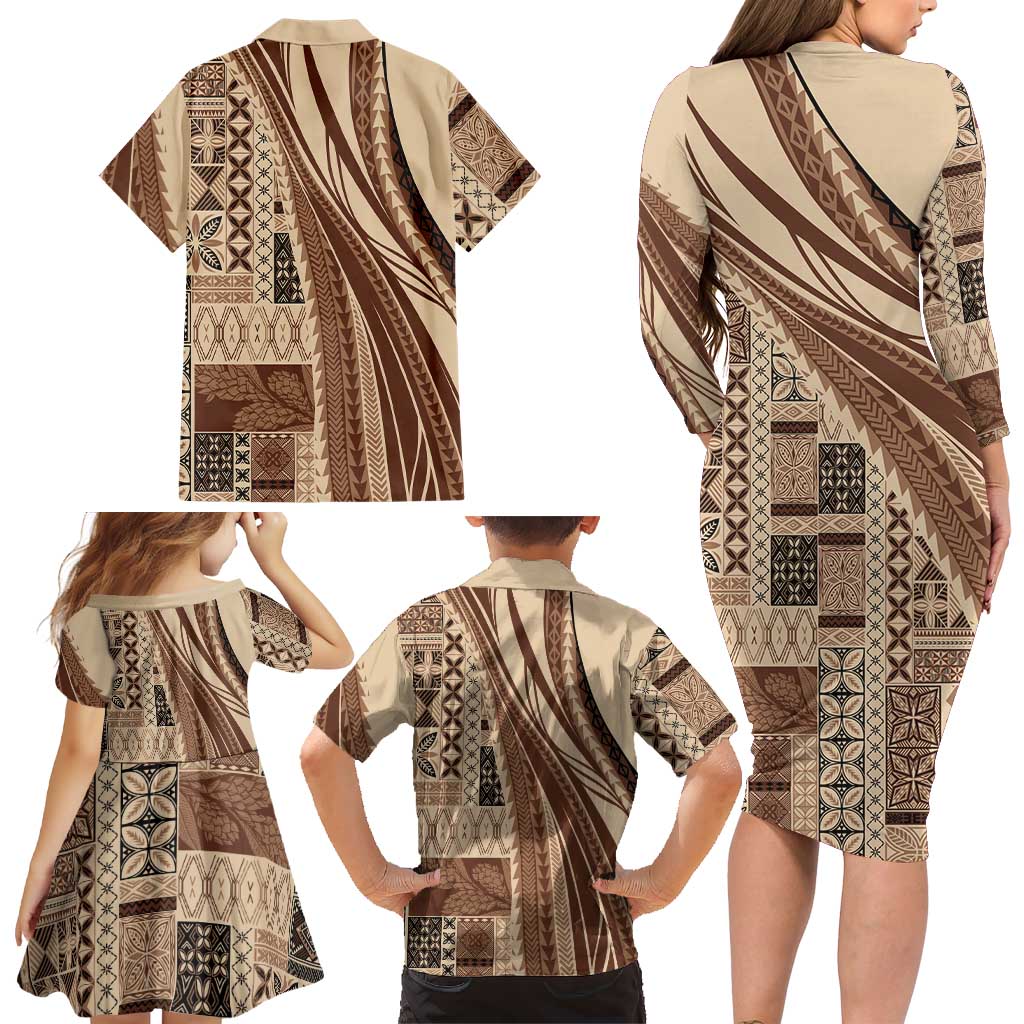 Pasifika Women's Day - Samoa Siapo Malu Tattoo Inspired Family Matching Long Sleeve Bodycon Dress and Hawaiian Shirt Beige LT7 - Polynesian Pride