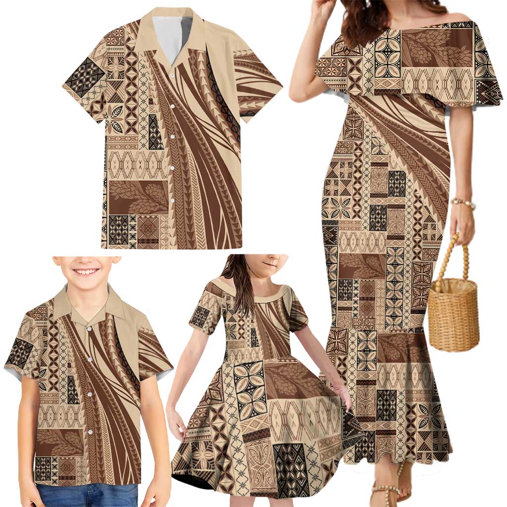 Pasifika Women's Day - Samoa Siapo Malu Tattoo Inspired Family Matching Mermaid Dress and Hawaiian Shirt Beige LT7 - Polynesian Pride
