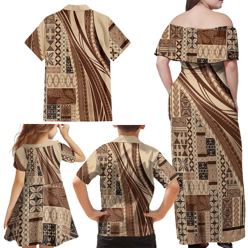 Pasifika Women's Day - Samoa Siapo Malu Tattoo Inspired Family Matching Off Shoulder Maxi Dress and Hawaiian Shirt Beige LT7 - Polynesian Pride