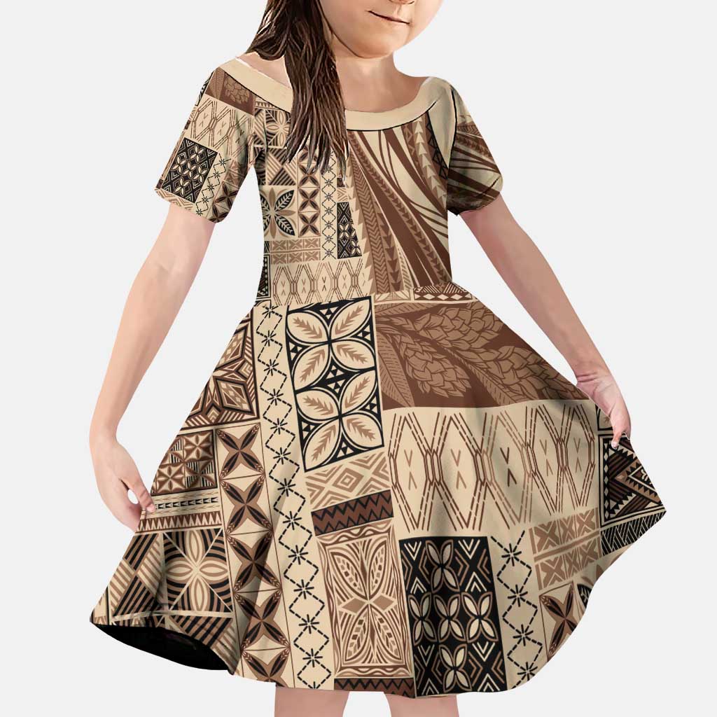 Pasifika Women's Day - Samoa Siapo Malu Tattoo Inspired Family Matching Off Shoulder Short Dress and Hawaiian Shirt Beige LT7 Daughter's Dress Beige - Polynesian Pride