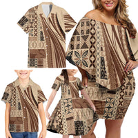 Pasifika Women's Day - Samoa Siapo Malu Tattoo Inspired Family Matching Off Shoulder Short Dress and Hawaiian Shirt Beige LT7 - Polynesian Pride