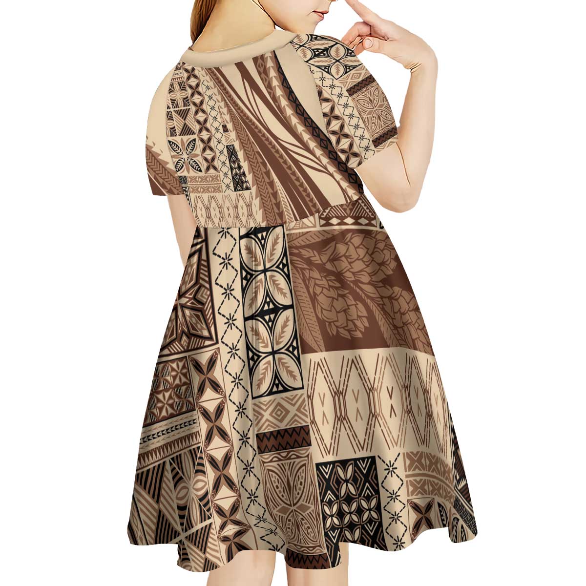 Pasifika Women's Day - Samoa Siapo Malu Tattoo Inspired Kid Short Sleeve Dress Beige