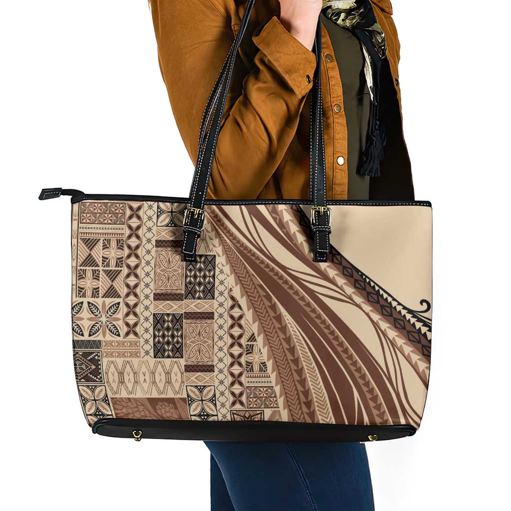 Pasifika Women's Day - Samoa Siapo Malu Tattoo Inspired Leather Tote Bag Beige LT7 - Polynesian Pride