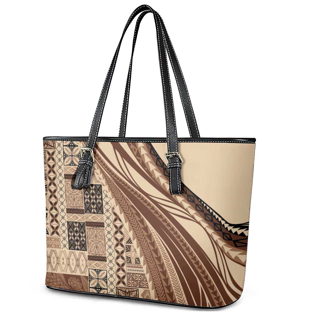 Pasifika Women's Day - Samoa Siapo Malu Tattoo Inspired Leather Tote Bag Beige LT7 - Polynesian Pride