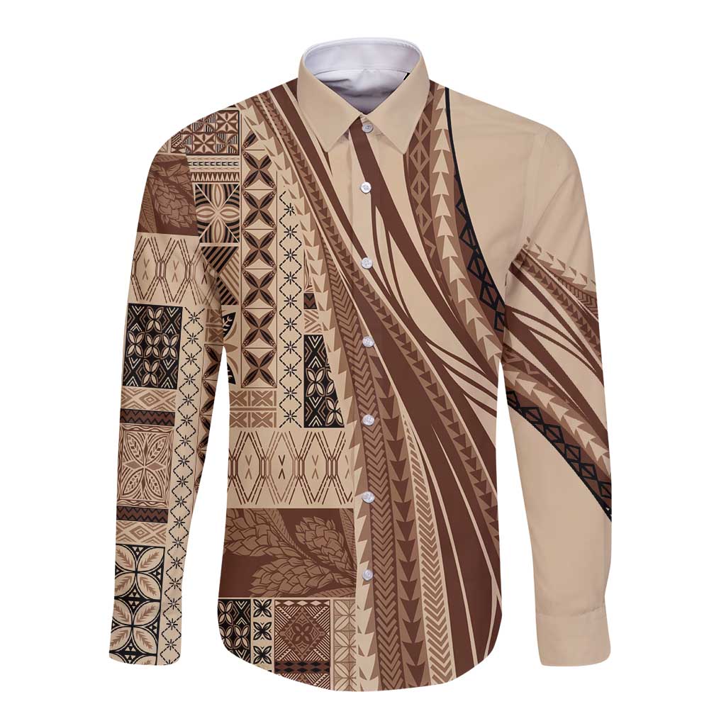 Pasifika Women's Day - Samoa Siapo Malu Tattoo Inspired Long Sleeve Button Shirt Beige