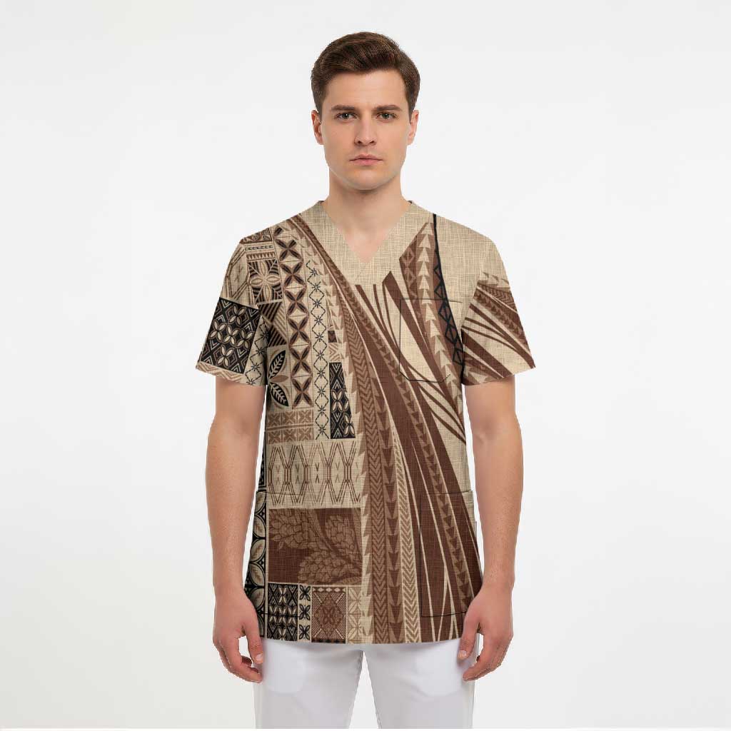 Pasifika Women's Day - Samoa Siapo Malu Tattoo Inspired Scrub Top Beige