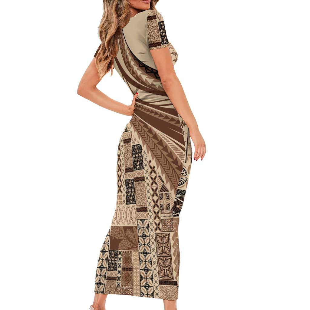 Pasifika Women's Day - Samoa Siapo Malu Tattoo Inspired Short Sleeve Bodycon Dress Beige