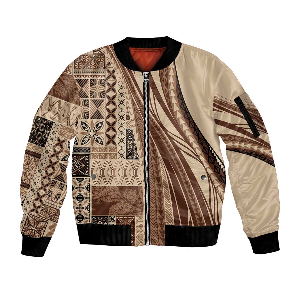 Pasifika Women's Day - Samoa Siapo Malu Tattoo Inspired Sleeve Zip Bomber Jacket Beige LT7 Unisex Beige - Polynesian Pride