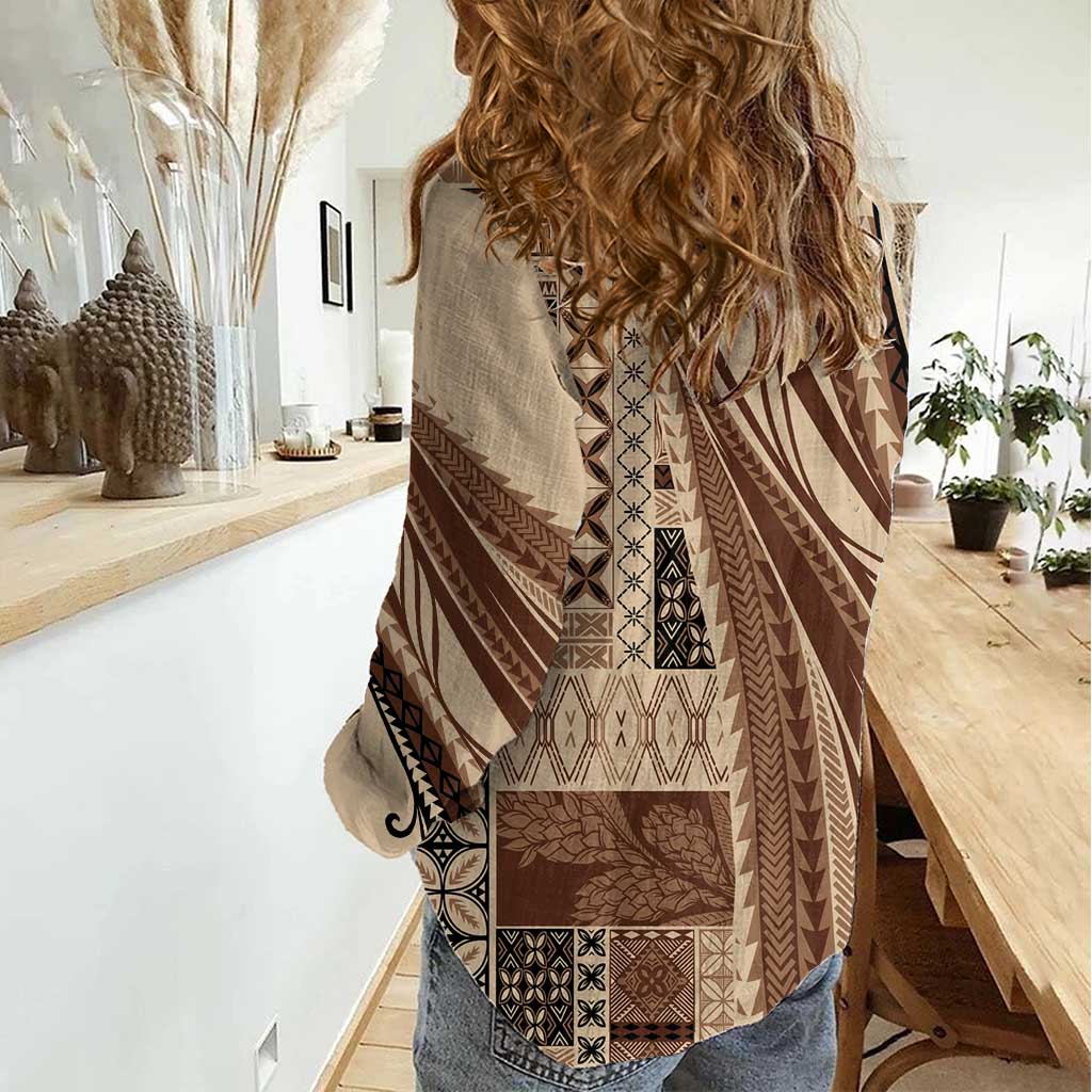 Pasifika Women's Day - Samoa Siapo Malu Tattoo Inspired Women Casual Shirt Beige